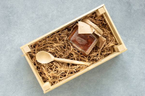 Preparing gift box with homemade apple jam. zero waste eco friendly.